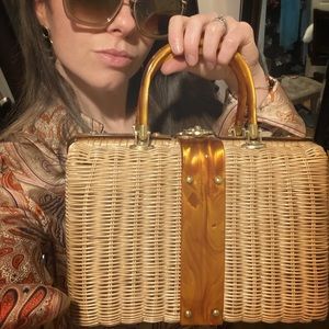 Rare true vintage wicker and lucite handle bag